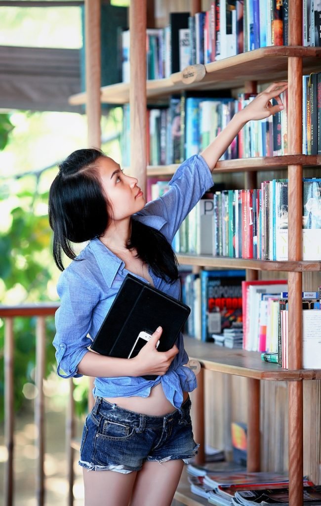 girl, library, education